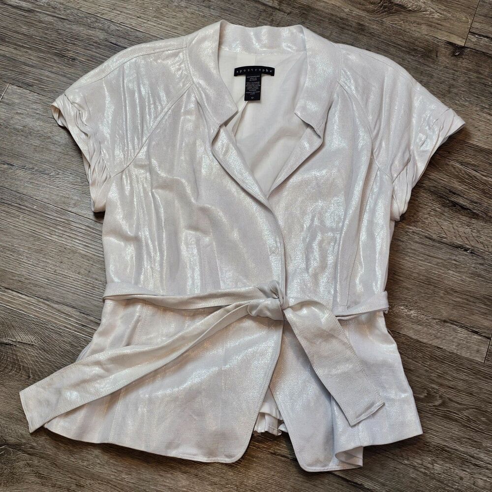 y2k white silver sheen short sleeve blouse jacket size 12 belted layering top